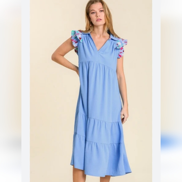 Umgee Dresses & Skirts - Umgee Tiered Dress Printed Flutter Sleeves V Neck Collar Midi Blue XL